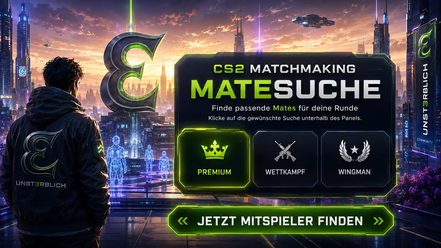 Unst3rblich Matesuche: futuristische Stadt und Matchmaking-Panel